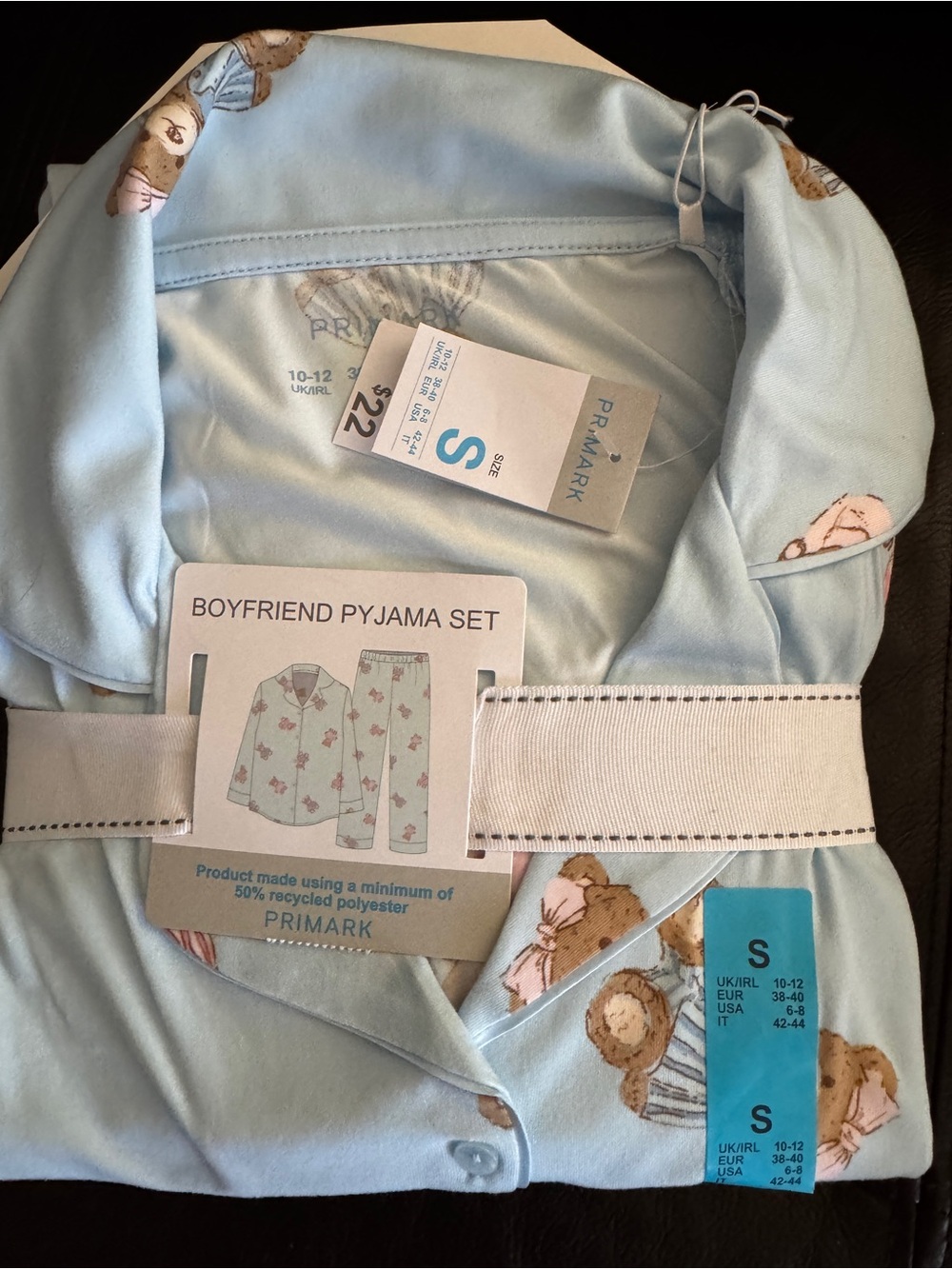 NWT Primark Teddy Bear Boyfriend Pajama Set Light Blue Button-Up Size S (US 6-8)